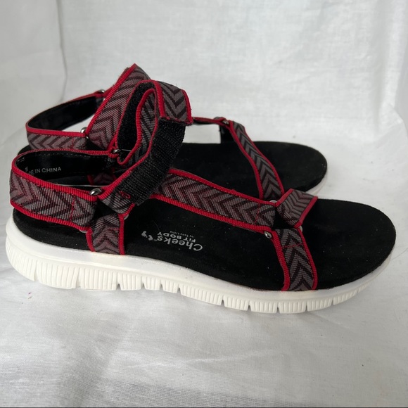 Tony Little CHEEKS Sandals Fit Body Straps Hook & Loop Red Black Fabric US Sz 7 - Picture 4 of 9